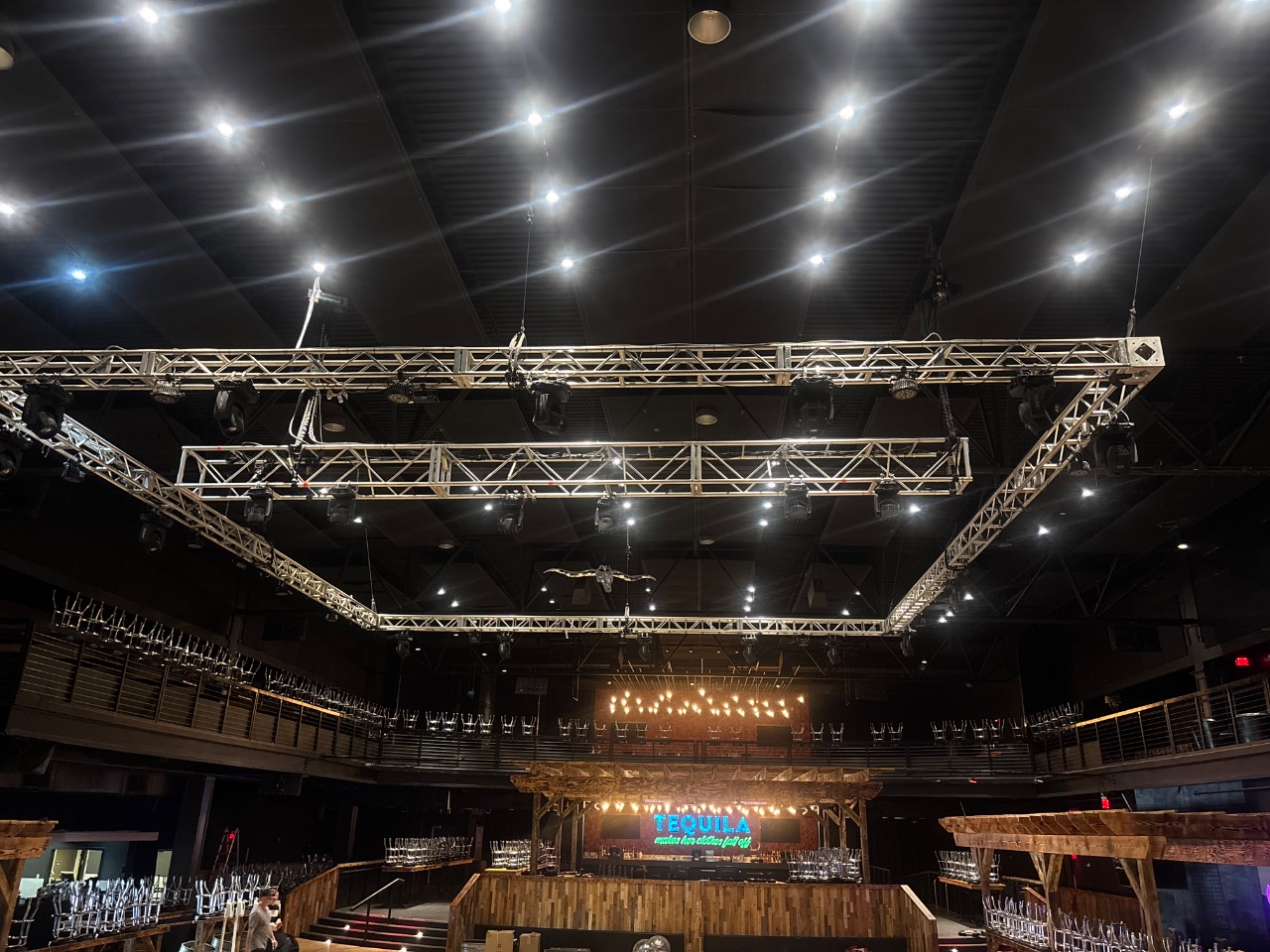 Lighting truss and house rig above the empty main floor, Bricktown Event Center.